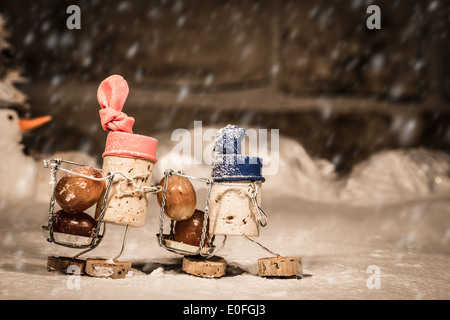 Concept harvesting icewine, wine cork figures Stock Photo