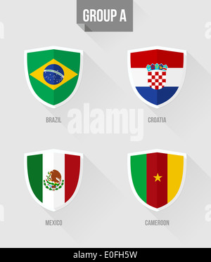 Soccer Championship 2014. Flat icons for Group A nation flags in shield sign: Croatia, Mexico, Cameroon and Brazil. EPS10 vector with transparency org Stock Photo