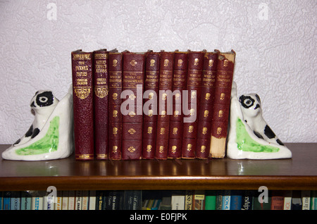 Homemade Bookends either side of old Leather Bound Books Stock Photo