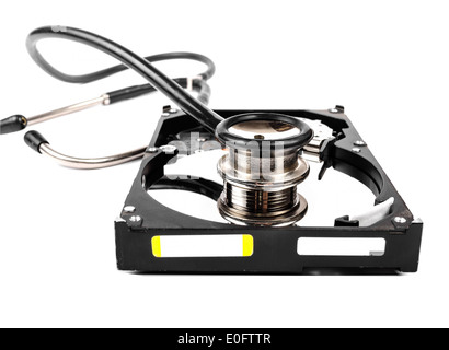 Reflected in the hard disk, a stethoscope. Diagnostic Stock Photo