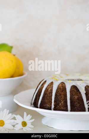 Round mould iced date and walnut cake served on white plate, with lemons in background Stock Photo