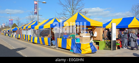 Colourful street scene view of blue & yellow stall covers & canopies shoppers in open air market town of Stratford Upon Avon Warwickshire England UK Stock Photo