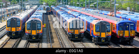 Public transport close up passenger train front end some of Stagecoach South West Trains in depot at Clapham Junction railway station South London UK Stock Photo