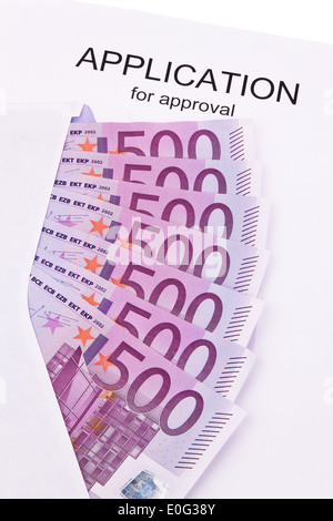 A lot of euro of bank notes and application (In English), Viele Euro Geldscheine und Antrag (Englisch) Stock Photo