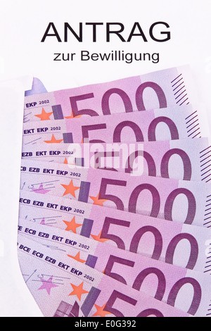 A lot of euro of bank notes and application, Viele Euro Geldscheine und Antrag Stock Photo