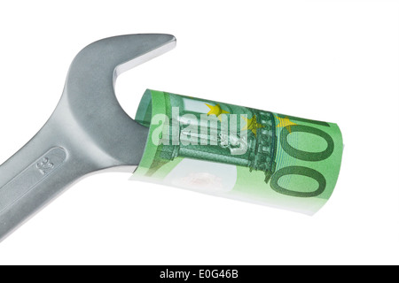 Tools and European euro-bank notes. Symbolic photo wage negotiations,