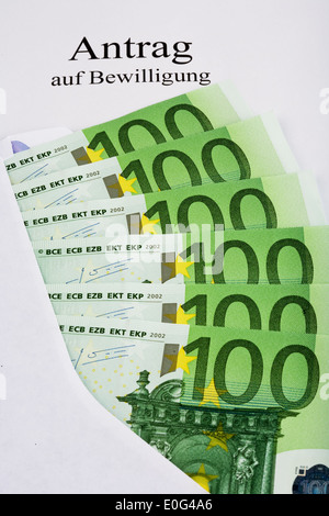 Application and bank notes, Antrag und Geldscheine Stock Photo