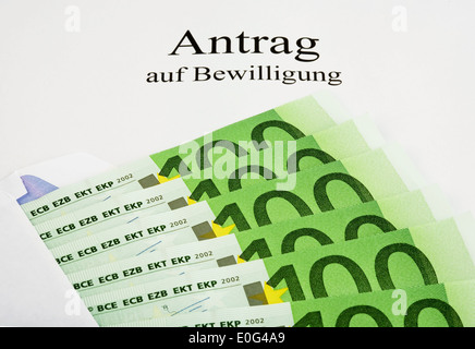 Application and bank notes, Antrag und Geldscheine Stock Photo