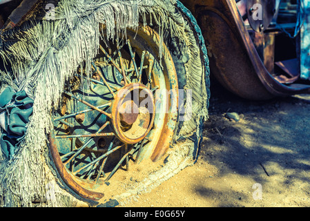 Close up of a tire on an abandoned car. Joshua Tree National Park, California, United States. Stock Photo