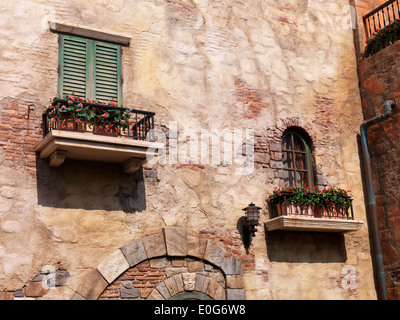 Old rustic house windows with flowers, antique architecture in Venetian style Stock Photo