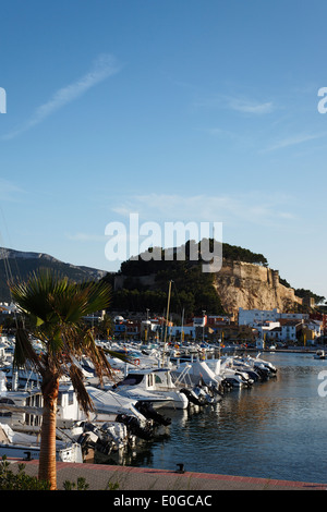 Marina, castle in background, Denia, Province Alicante, Spain Stock Photo