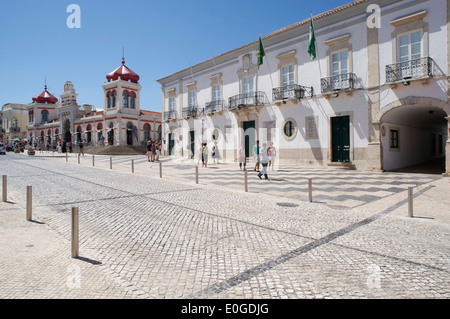 Market and town hall at Loule, Praca da Republica, Algarve, Portugal, Europe Stock Photo