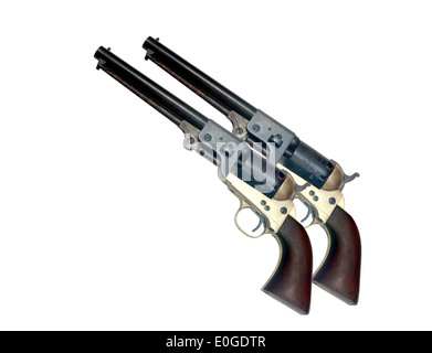 two identical old metal colt revolver on white background Stock Photo