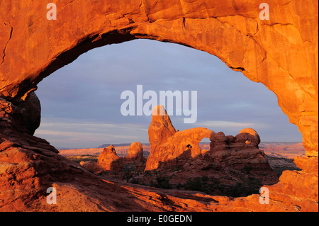 Sunrise at North Window with view onto Turret Arch, Window Section, Arches National Park, Moab, Utah, Southwest, USA, America Stock Photo