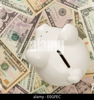 Piggy bank on 1 ,5, 10 and 20 dollar bills, focus on the pig Stock Photo