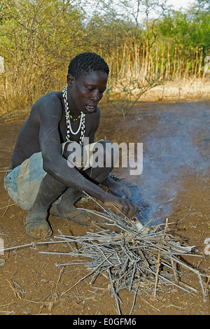 Hadzabe hunter. Brine Eyasi, northern Tanzania., Hadzabe hunter. Lake Eyasi Stock Photo