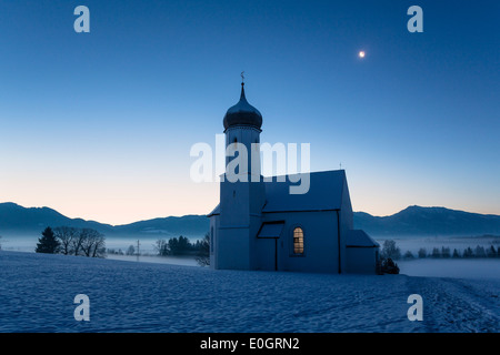 Sankt Johannisrain church at dawn, Penzberg, Upper Bavaria, Bavaria, Germany Stock Photo