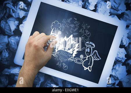 Composite image of hand touching tablet Stock Photo