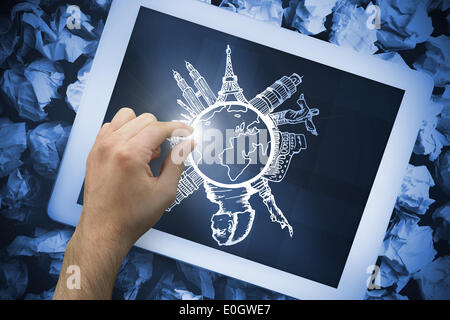 Composite image of hand touching tablet Stock Photo