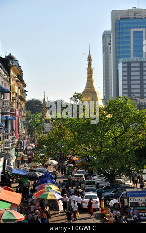 Street market with parking slot, view from New Aye Yar hotel on the oldtown, Yangon, Myanmar, Burma, Asia Stock Photo