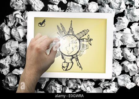 Composite image of hand touching tablet Stock Photo