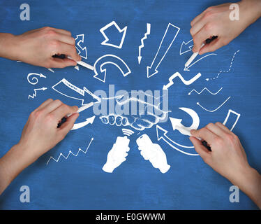 Composite image of multiple hands drawing handshake with chalk Stock Photo