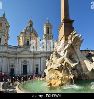 Fontana dei Quattro Fiumi, Fountain of the Four Rivers, artist Bernini, in front of church Sant´Agnese, Piazza Navona, UNESCO Wo Stock Photo