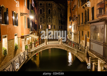 Canal and bridge at night, Venice, Venetia, Italy, Europe Stock Photo