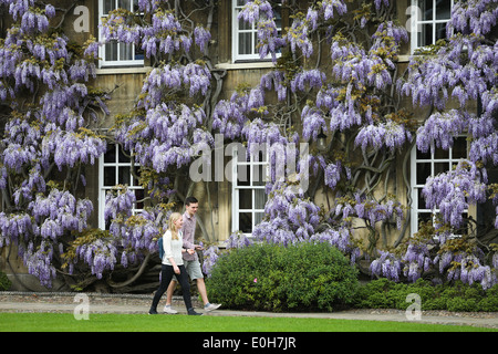 STUDENTS WALKING PAST THE WISTERIA  ON THE MASTER'S LODGE AT CHRIST'S COLLEGE CAMBRIDGE Stock Photo