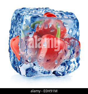 Red pepper in ice cube with drops isolated on white Stock Photo