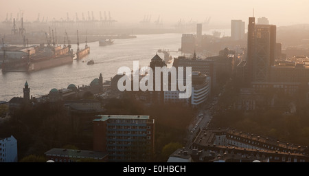 aerial panoramic view of Elbe river and port in Hamburg, Germany Stock Photo