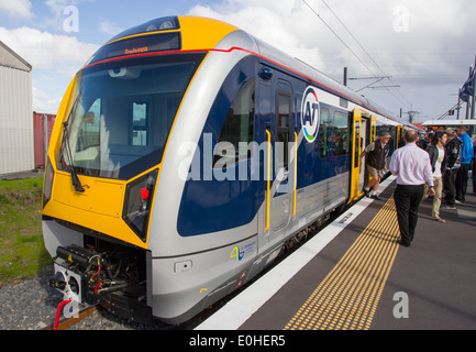 The new Auckland Transport Electric Train on its first day of operation, Onehunga, Auckland, New Zealand Stock Photo