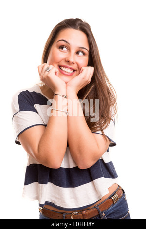 Young human having a brilliant idea, isolated over white background Stock Photo