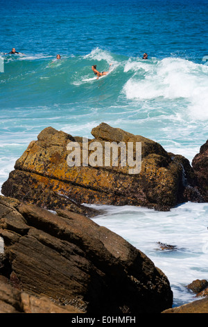 Female surfer comes through a wave on her stomach, 3 other surfers watch, rocky shore in foreground, Victoria Bay, Garden Route, Stock Photo