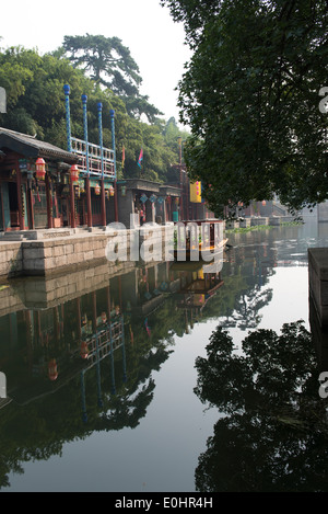 Boat in a river, Suzhou Street, Summer Palace, Haidian District, Beijing, China Stock Photo