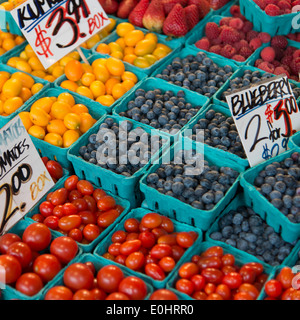 Fruits and vegetables for sale at a market stall, Pike Place Market, Seattle, Washington State, USA Stock Photo