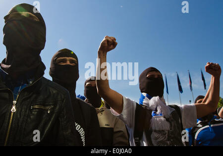 May 14, 2014 - Ukrainian ultras with flares and smoke bombs require at Football Federation Cup the final match to hold in the presence of Ukrainian fans (Credit Image: © Sergii Kharchenko/NurPhoto/ZUMAPRESS.com) Stock Photo