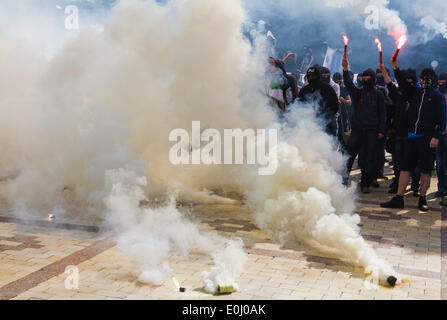 May 14, 2014 - Ukrainian ultras with flares and smoke bombs require at Football Federation Cup the final match to hold in the presence of Ukrainian fans (Credit Image: © Sergii Kharchenko/NurPhoto/ZUMAPRESS.com) Stock Photo