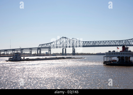 Barge navigating the Mississippi River near New Orleans, Louisiana Stock Photo