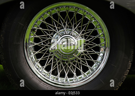 Jaguar E Type wire wheel. Classic british sports car wheel Stock Photo