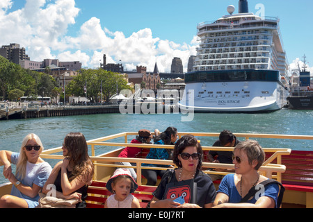 Sydney Australia,New South Wales,Circular Quay,Sydney Ferries,Harbour,harbor,ferry,upper deck,riders,passenger passengers rider riders,adult adults wo Stock Photo