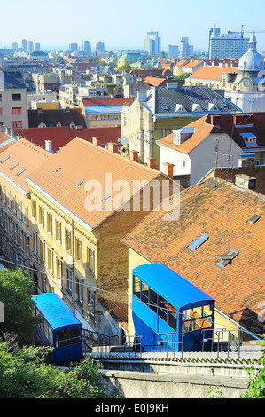 Skyline of Zagreb with Funicular . Its 66-metre track makes it one of the shortest public-transport funiculars in the world. Stock Photo