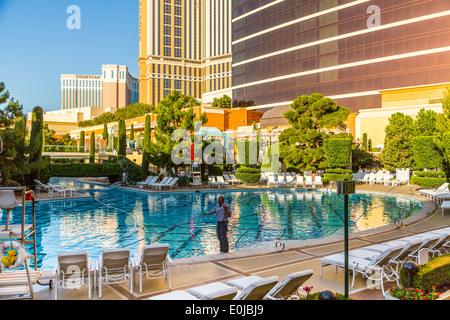 An early morning view of the pool  from the Terrace Pointe Café at the Wynn Hotel Las Vegas Nevada USA Stock Photo