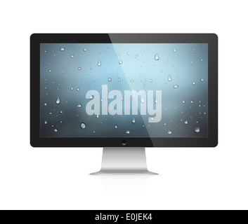 Realistic illustration of computer monitor with water drops wallpaper on screen isolated on white background Stock Photo