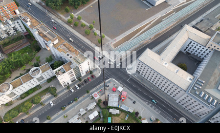 Aerial view from the Berlin Hi-Flyer, a tethered hot air balloon, reaching a height of 150m above Berlin Germany. Stock Photo