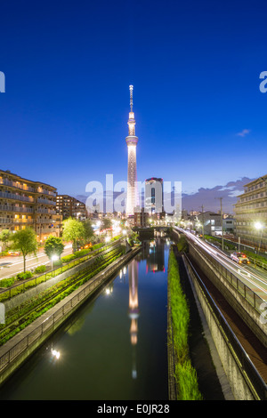 Tokyo skytree and Kitajikken River in Tokyo Stock Photo