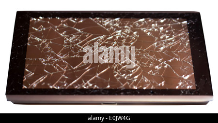 Tablet with broken touchscreen on white background Stock Photo
