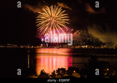 Fireworks over Lake Suwa in Nagano Prefecture, Japan Stock Photo