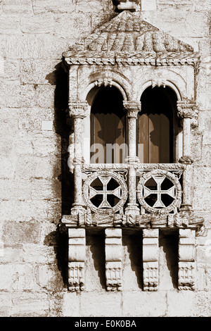 Balcony in Manueline architectural style Torre de Belem Lisbon Portugal western Europe