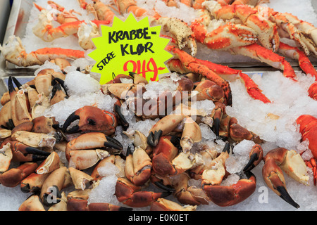 Price label in Kroner for crabs claws on sale on a stall in the fish market in Bergen, Hordaland, Norway, Scandinavia, Europe Stock Photo